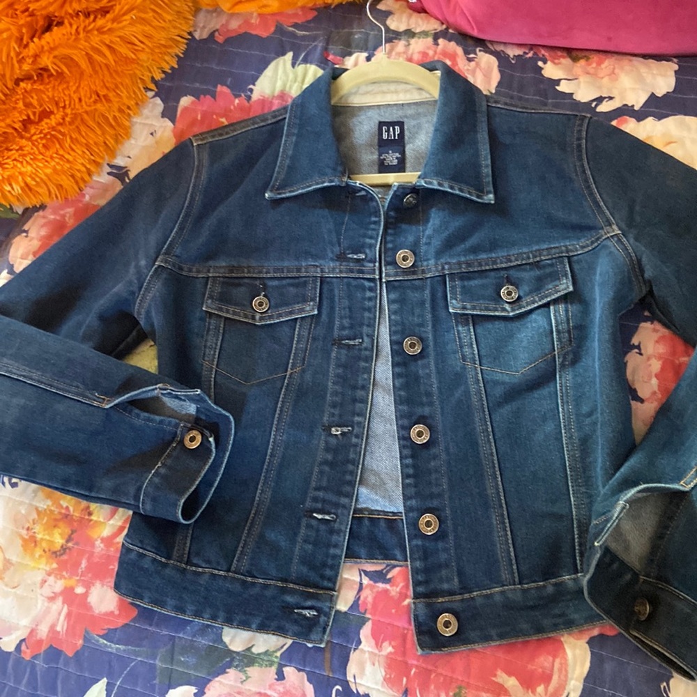 GAP, size SMALL, dark denim adjustable fitted waist and collared jacket - Picture 3 of 9